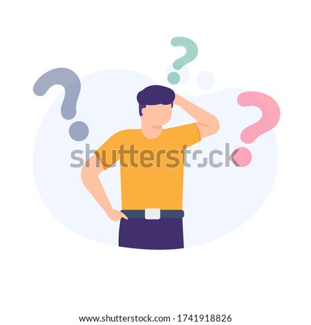 illustration of a man being confused and surrounded by question mark symbols. flat design. concept Frequently asked questions or FAQs, question marks around people, online support center.