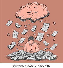 illustration of a man being depressed by a deadline with lots of flying papers and a time logo above which there is a sad cloudy awn