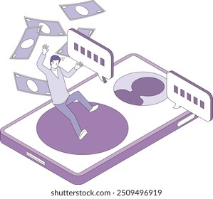 Ilustração de um homem sendo enganado nas mídias sociais