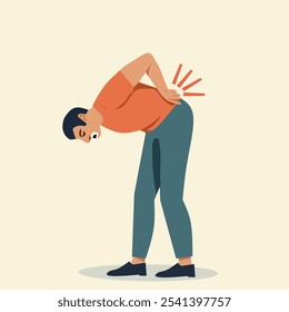 Illustration of a man bending over with a painful expression, holding his lower back, indicating back pain or discomfort. Concept of back injury, muscle strain, or lower back pain. Health and wellness