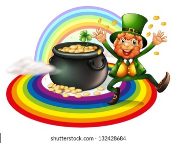 Illustration of a man beside a pot of gold coins on a white background