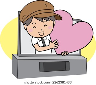 Illustration of a man with a big heart jumping out of the TV screen