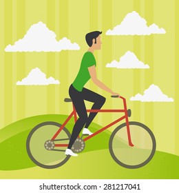 Illustration of a man in a bike over a green environment . The grunge texture is removable from the background.