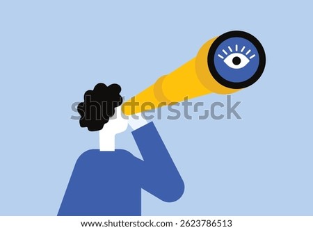 Illustration of a Man with binocular looking far away where eyes can be reflected in the glasses, illustrating vision and goal