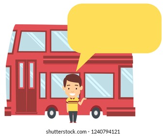Ilustración de un hombre con una burbuja de discursos en blanco y un bus de viaje de doble decker detrás