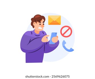 illustration of a man blocking a number because of annoying calls and messages. blocking because of spam. angry and upset. expression, emotion, and gesture. flat style character design. elements