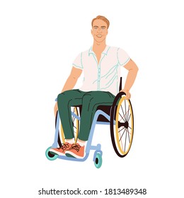 Illustration of a man with blond hair and blue eyes in a wheelchair. Paralyzed man model drawn in flat style isolated on white background. Smiling vector male character with special needs.