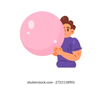 Ilustración de un hombre que sopla una burbuja de goma de mascar en una gran burbuja. Jugando con chicle. Dulces caramelos. Carácter de hombre. Expresión, postura o gesto. Estilo plano. El fondo blanco.