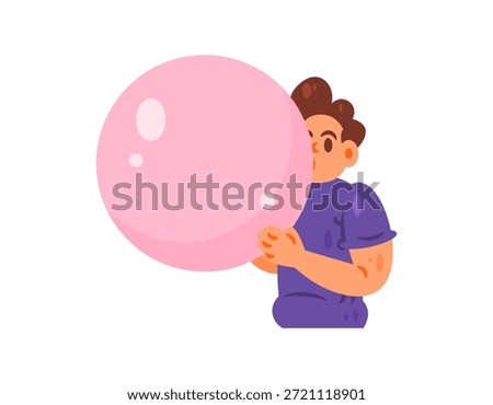Illustration of a man blowing a bubble of gum into a big bubble. Playing with gum. Sweet candy. Character of a man. Expression, pose or gesture. Flat style. White background.