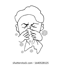 Illustration of a man blowing his nose. Bacteria and microbes fly around. Infection. Wuhan coronavirus 2019-ncov. SARS pandemic risk alert. SARS-CoV-2. Doodle style. Vector.