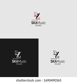 Illustration of Man blowing a Trumpet. Letter S and M Logo.