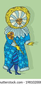 illustration of a man in blue dress with flower mask