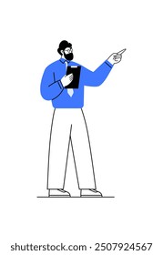 Illustration of a man in a blue shirt holding a clipboard while pointing forward. Themes include leadership, presentations, business communication, and decision-making. Professional and clean style.