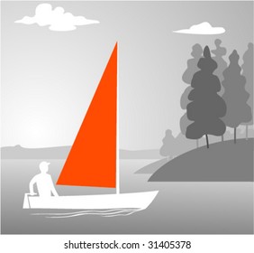 illustration of a man in boat sailing on still water