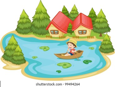Illustration of a man in a boat at vacation house