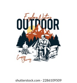 illustration of a man with a bonfire in the forest.