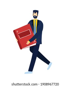 Illustration of a man with a book. Cheerful businessman smiling and holding a book. Simple flat style vector illustration