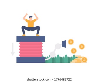 illustration of a man boosting or pressing a pump to produce bitcoin. bitcoin mining concept, the effort to succeed. flat design. can be used for elements, landing pages, UI, website, characters