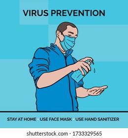 Illustration man with bottle sanitize alcohol gel protective health and mask to protection virus