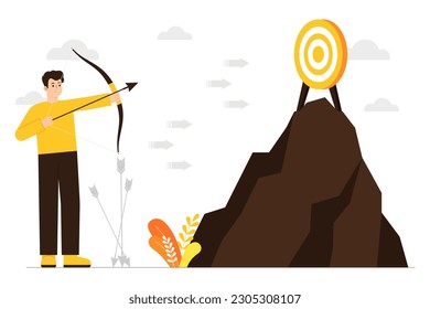 Illustration man with bow and arrow shooting target board