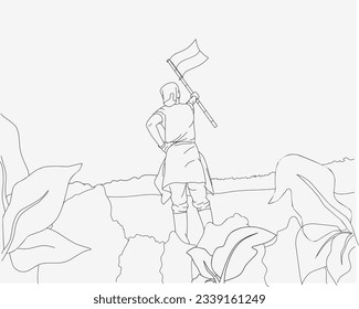 An illustration of a man brandishing a red and white flag in the middle of a field on Indonesia's independence day is suitable for a children's coloring book. Cartoon vector illustration. August 17