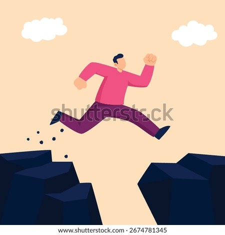 An illustration of a man bravely jumping from one cliff to another, representing a concept of courage, taking risks, facing challenges, and the determination to succeed.
