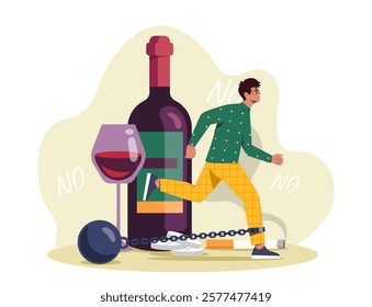 Illustration of a man breaking free from a ball and chain attached to a wine bottle and glass, symbolizing overcoming alcohol addiction. Concept of freedom. Vector illustration.