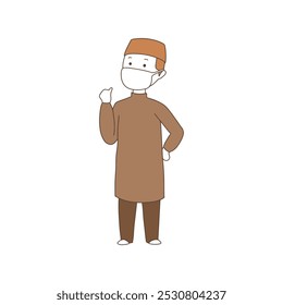 Illustration of a man in brown traditional attire and hat, wearing a face mask, raising one hand, isolated on white.