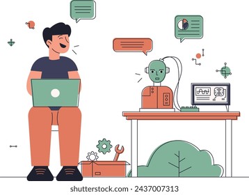 Ilustración de un hombre construyendo un robot