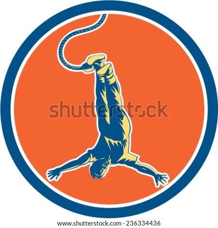 Illustration of a man bungy or bungee jumping hanging on rope with arms open wide set inside circle done in retro style