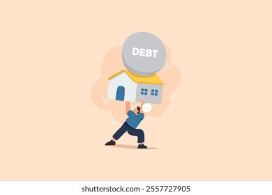 An illustration of a man burdened by a debt ball while carrying a house on his back, symbolizing financial struggles, mortgage debt, and the weight of living expenses.