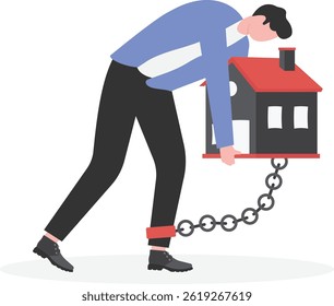 Uma ilustração de um homem sobrecarregado por uma bola de dívida enquanto carregava uma casa nas costas, simbolizando lutas financeiras, dívida de hipoteca e o peso das despesas de vida.

