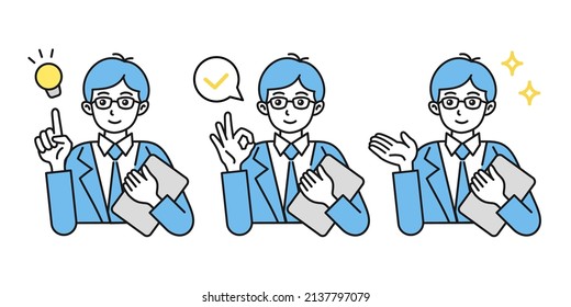 Illustration of a man in a business setting. Various poses. Suggestion, confirmation, introduction, explanation, etc. Vector material on white background.