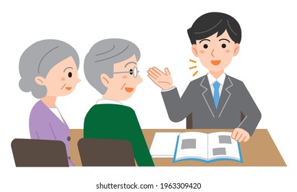 Illustration of a man in a business suit explaining to an elderly couple who came to consult