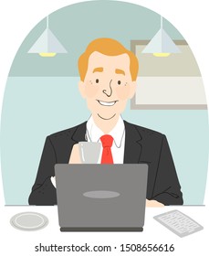 Illustration of a Man in Business Suit and Working on a Laptop and Drinking Coffee in a Coffee Shop