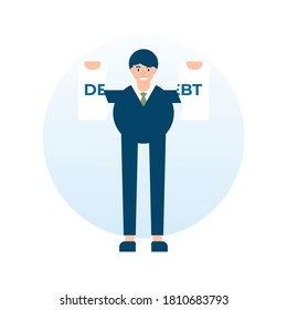 Illustration Of A Man Or Businessman Tearing A Debt Sheet In Half. Happy Because Free Or Paid Off From Debt. Flat Style. UI Element Design