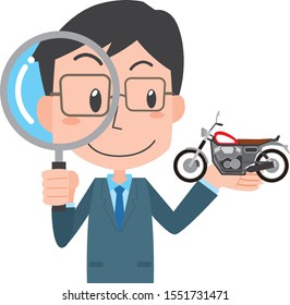 Illustration of a man buying and checking a motorcycle