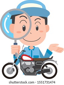 Illustration of a man buying and checking a motorcycle