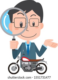 Illustration of a man buying and checking a motorcycle