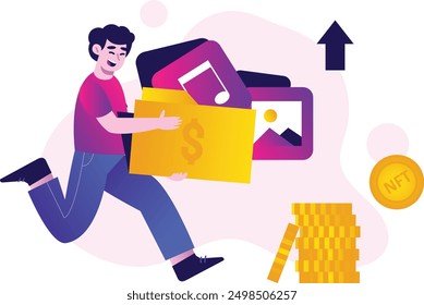 ilustración de un hombre comprando NFT, Ilustración vectorial de la tecnología de venta de tokens NFT para criptomonedas. concepto de diseño plano de Vector