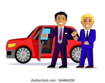 Illustration of a man buys a new car. Automobile sale, sell  transport, dealer and customer,  salesman and vehicle, purchase and seller, buyer and agent illustration. Buy car concept. Man buy car