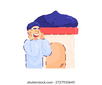 Ilustración de un hombre llamando a la oración en una mezquita. Un muecín. Adhan e iqamah. Ramadán. Carácter masculino musulmán. Actividades. Ilustración de estilo plano con crayones de contorno. El fondo blanco.