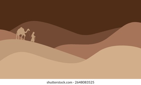 Illustration of a Man and Camel Crossing Layered Desert Landscape at Sunset – Warm Earth Tone
