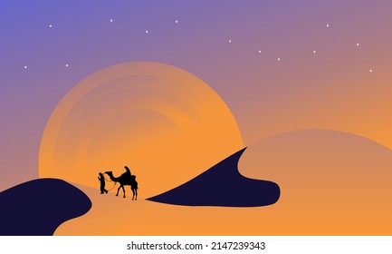 illustration of man and camel in the desert in the morning. vector illustration