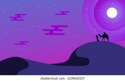 illustration of man with camel walking in the desert at night. suitable for arabic and islamic theme background design