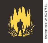 Illustration of a man carrying a backpack in a cave.