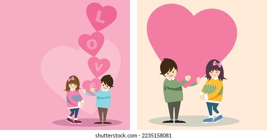 illustration of man carrying big heart as a gift with his girlfriend and have blank space for advertisement wording. Set of vector characters couple in love with big heart. Greeting card template.