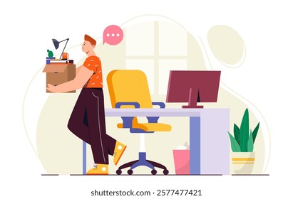 Illustration of a man carrying a box of office items near a desk with a chair, computer, and plant. Modern flat design on a light background. Concept of resignation. Vector illustration
