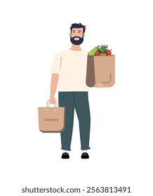 Illustration of a man carrying grocery bags filled with fresh vegetables and fruits, representing healthy living and shopping

