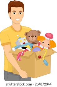 Illustration Of A Man Carrying A Heavy Box Filled With Children's Toys